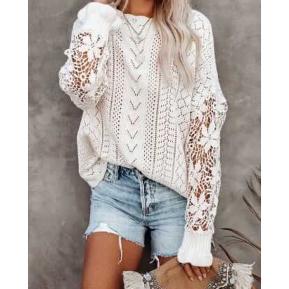 Last 1 S & 5 Star Rated! New Trendy Chic Knit Slouchy Sweater w Crochet Sleeves - Picture 2 of 8
